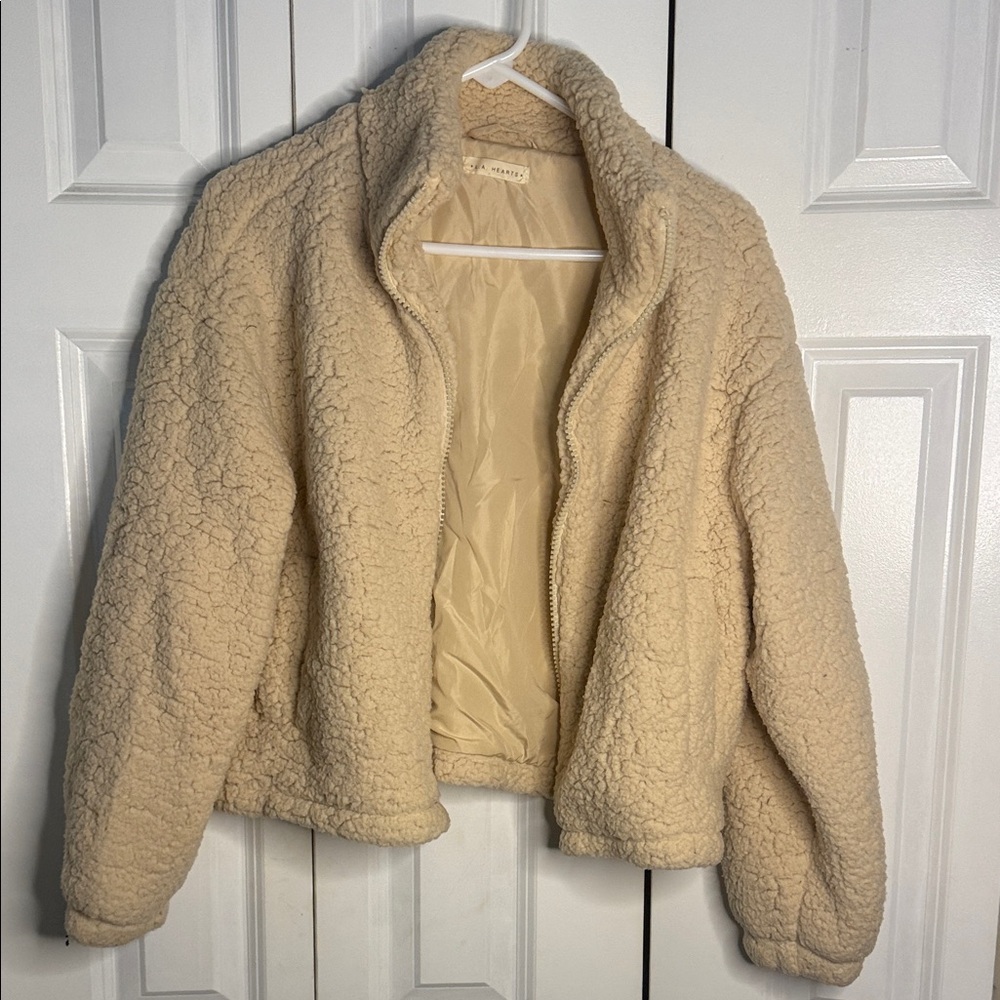 La Hearts Beige Crop Teddy Jacket